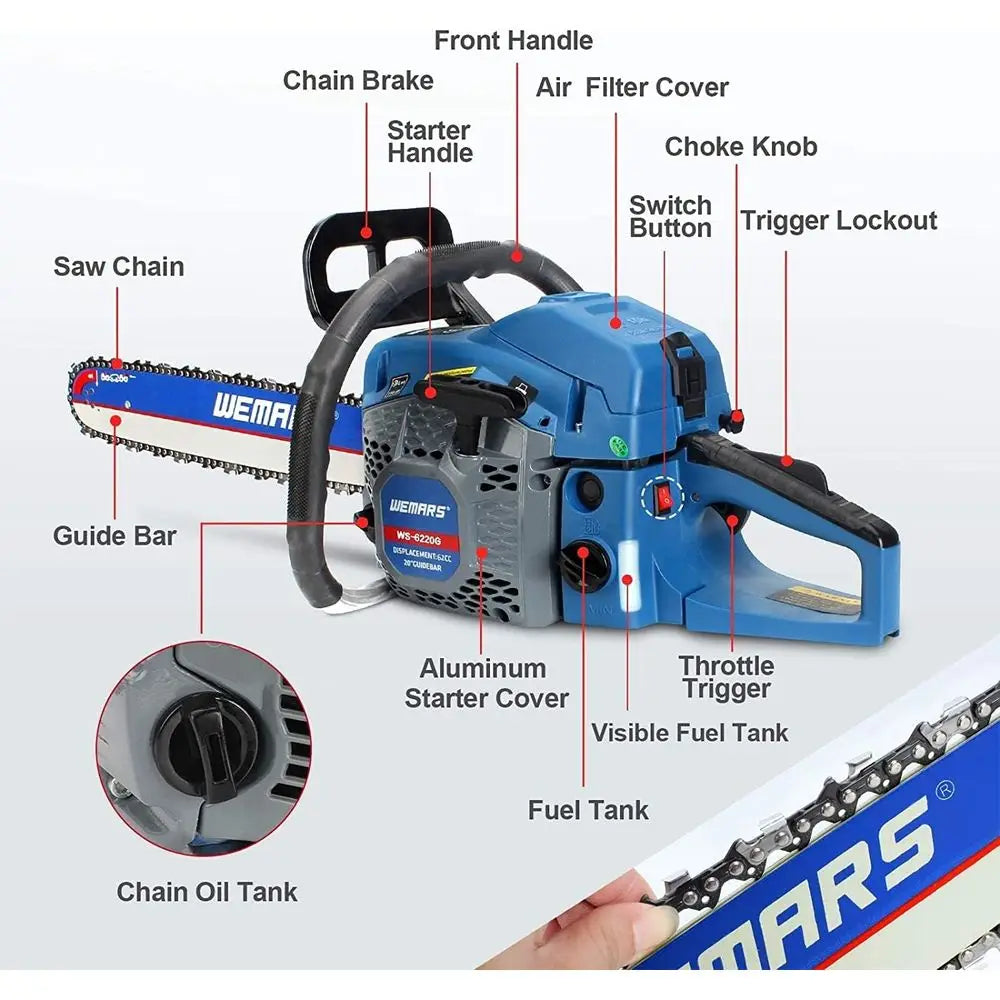 Gas Chainsaws 20 Inch Bar Power Chain Saws, Gas Powered Chainsaw 2 Stroke Handed Petrol Gasoline Chain Saw for Cutting Wood Outd