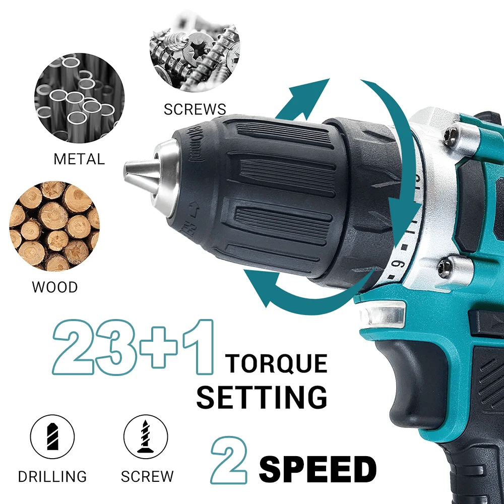 10mm Cordless Brushless Drill Electric Hand Drill Screwdriver 2 Speed 23 Torque Setting fit Makita 18v Battery (No Battery)