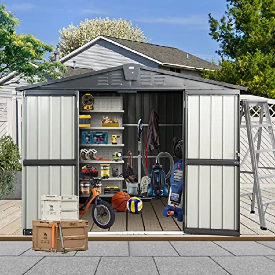 8x6 FT Outdoor Storage Shed Heavy Duty Metal Tool Shed with Double Doors for Backyard Patio Lawn to Store Bikes Lawnmowers Dark