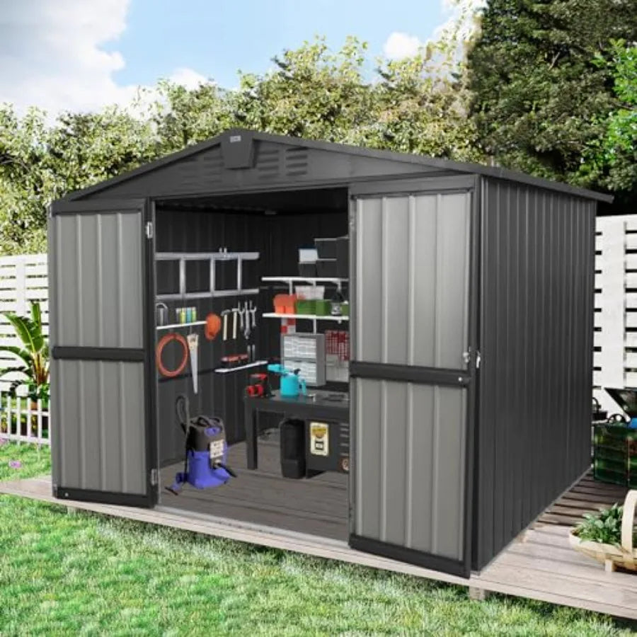 8x6 FT Outdoor Storage Shed Heavy Duty Metal Tool Shed with Double Doors for Backyard Patio Lawn to Store Bikes Lawnmowers Dark