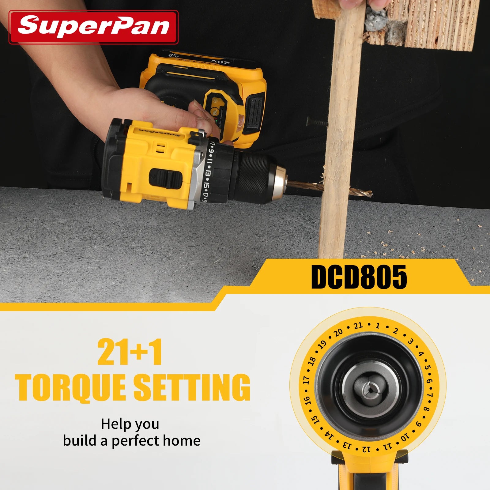 Brushless Impact Drill Superpan20V DCD805, Cordless Electric Screwdriver for 18V dewalt Battery pin, Industrial High Torque Tool