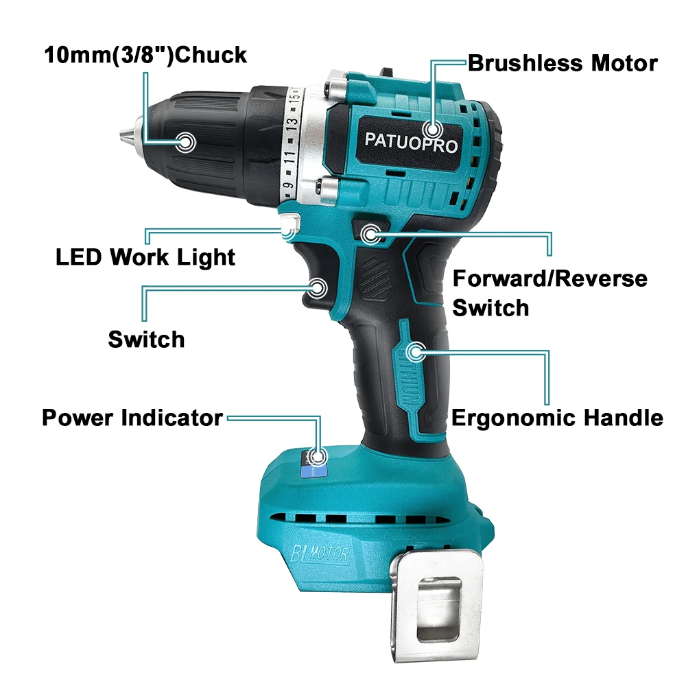 10mm Cordless Brushless Drill Electric Hand Drill Screwdriver 2 Speed 23 Torque Setting fit Makita 18v Battery (No Battery)