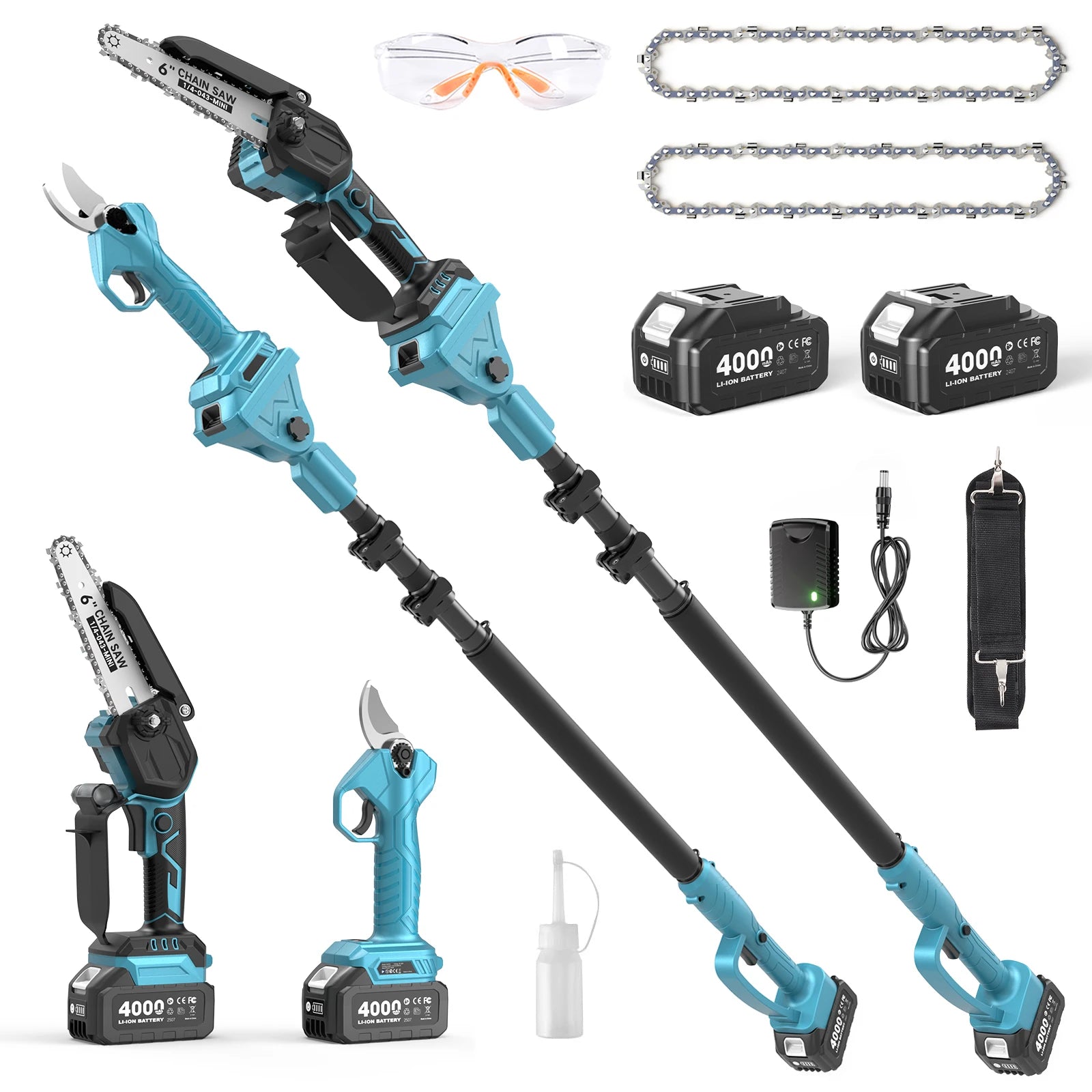 TaskStar 4-in-1 Garden Power Tools Cordless Pole Saw 6" Mini Chainsaw Electric Pruning Shears 30mm Pole Pruner For Wood Cutting