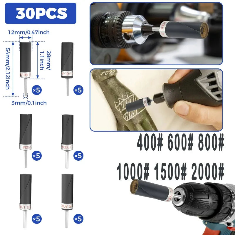 Equipped with 1/8 inch handle sandpaper stick, durable, safe material, 30 PCS sandpaper bar polishing roller sanding head