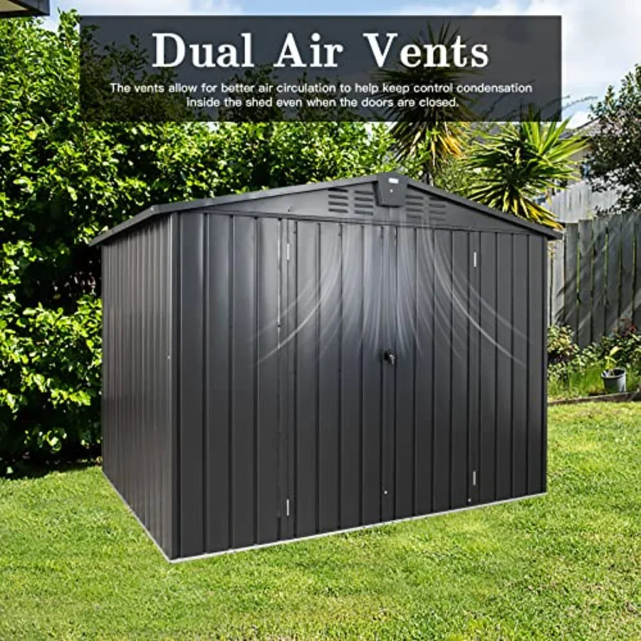8x6 FT Outdoor Storage Shed Heavy Duty Metal Tool Shed with Double Doors for Backyard Patio Lawn to Store Bikes Lawnmowers Dark
