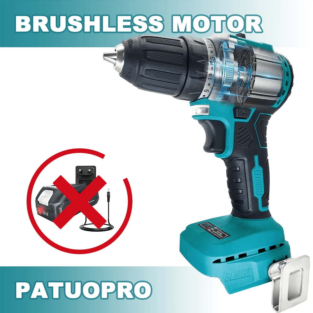 10mm Cordless Brushless Drill Electric Hand Drill Screwdriver 2 Speed 23 Torque Setting fit Makita 18v Battery (No Battery)