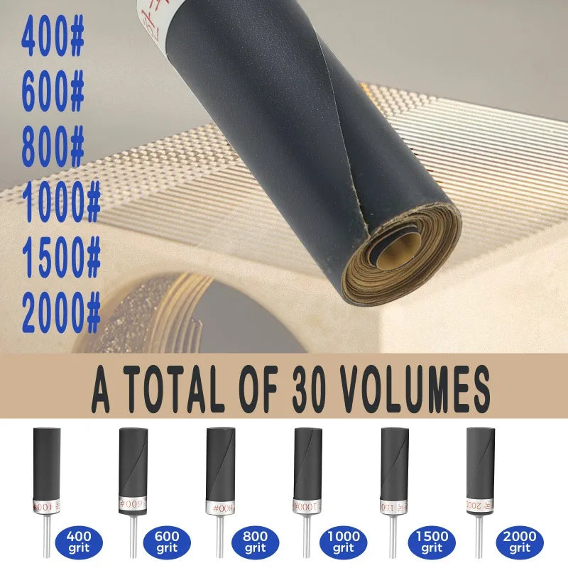 Equipped with 1/8 inch handle sandpaper stick, durable, safe material, 30 PCS sandpaper bar polishing roller sanding head