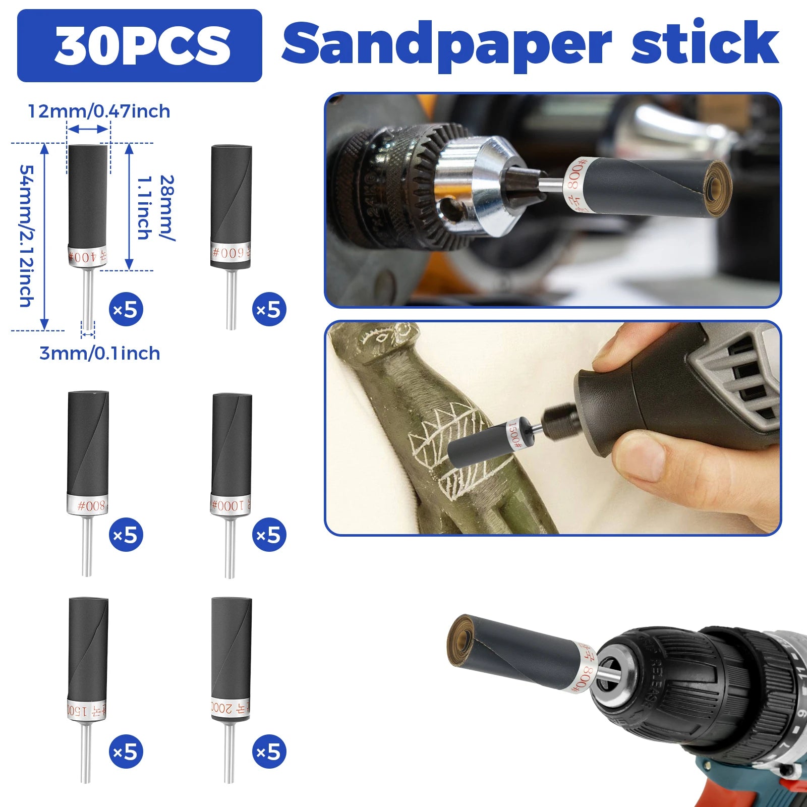 Equipped with 1/8 inch handle sandpaper stick, durable, safe material, 30 PCS sandpaper bar polishing roller sanding head