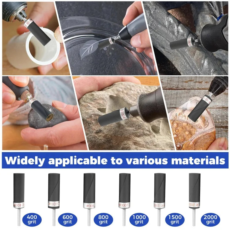 Equipped with 1/8 inch handle sandpaper stick, durable, safe material, 30 PCS sandpaper bar polishing roller sanding head