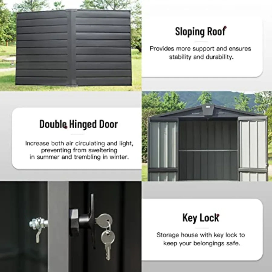 8x6 FT Outdoor Storage Shed Heavy Duty Metal Tool Shed with Double Doors for Backyard Patio Lawn to Store Bikes Lawnmowers Dark