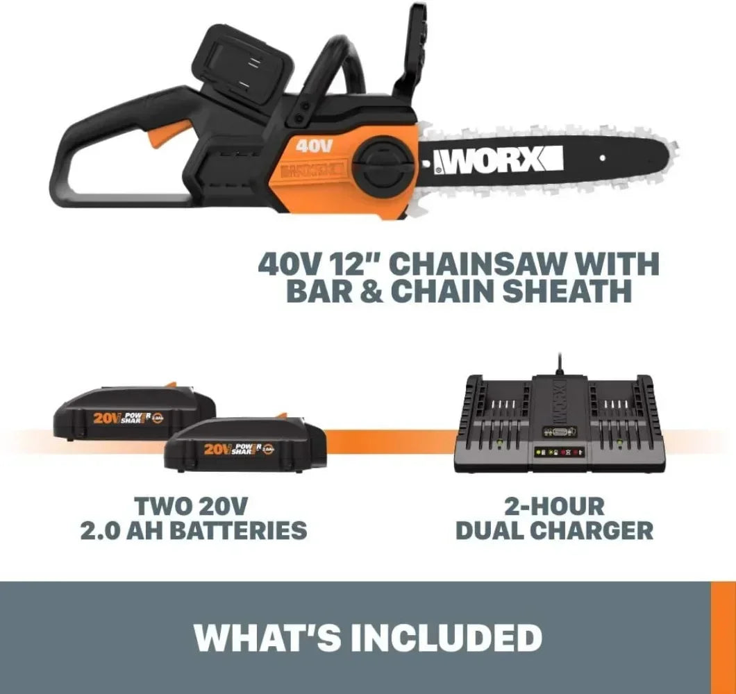 A 40V 12" Cordless Chainsaw Power Share with Auto-Tension - WG381 (Batteries & Charger Included) electric saw power tools
