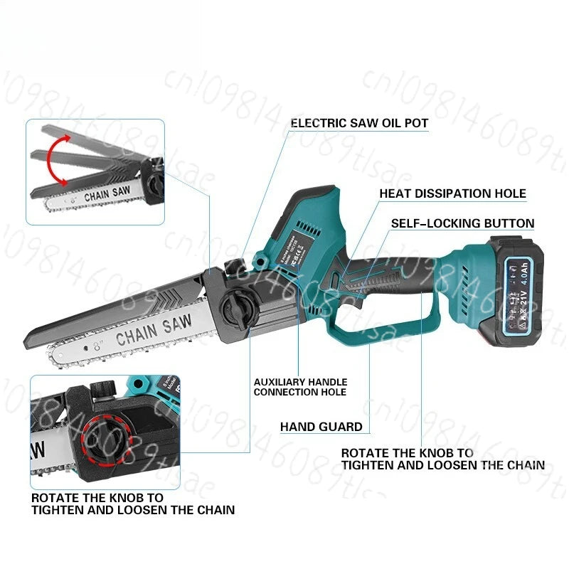 8-Inch Cordless Chainsaw, Lithium Battery Powered Handheld Electric Saw for Tree Felling, Branch Cutting