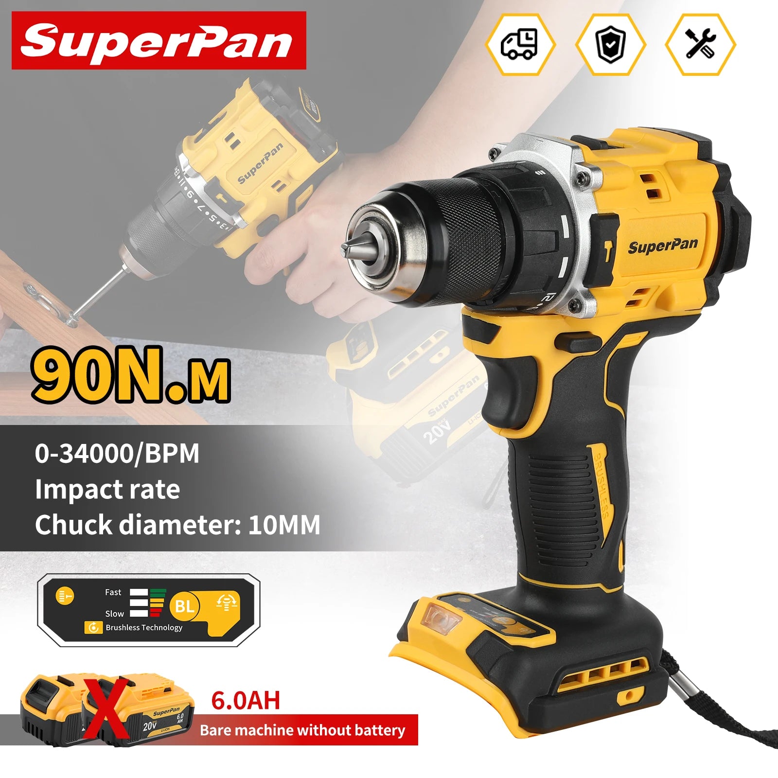 Brushless Impact Drill Superpan20V DCD805, Cordless Electric Screwdriver for 18V dewalt Battery pin, Industrial High Torque Tool